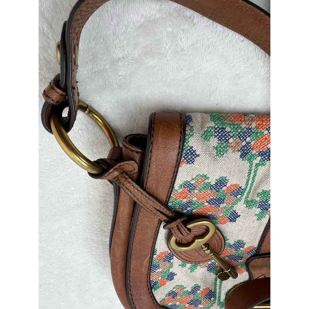 Vintage Fossil Brown Leather Canvas Single Stitch Saddle Bag Shoulder Bag EUC - Picture 5 of 16
